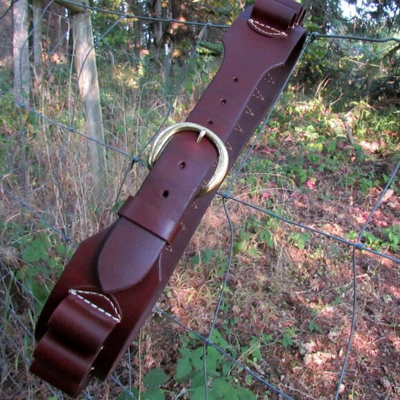 LEATHER AMMO BELT, HUNTING;  32"- 37" WAIST, 2.5" WIDE, BRASS BUCKLE; HUNTER'S - Picture 6 of 11